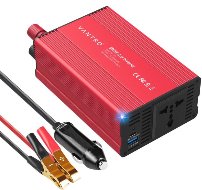 Inversor automotivo 500W DC 12V para AC 220V com QC3.0 e PD 65W USB, tomada universal, 200W via acendedor de cigarros, 500W via conexão direta de bateria