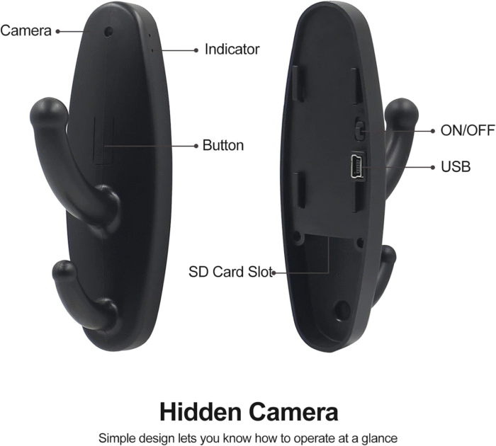 Câmera oculta com gancho para roupas, mini câmera espiã, câmera oculta, câmera de segurança montada na parede, micro câmera sem fio, sem Wi-Fi, sem áudio
