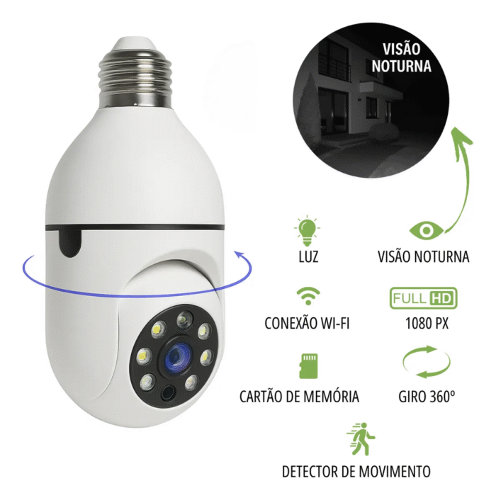 Câmera De Segurança Lâmpada Ip Wifi Visão Noturna