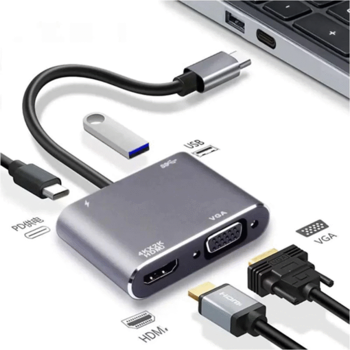 Adaptador Tipo C HUB USB Para HDMI VGA 4 Em 1 4K 60HZ