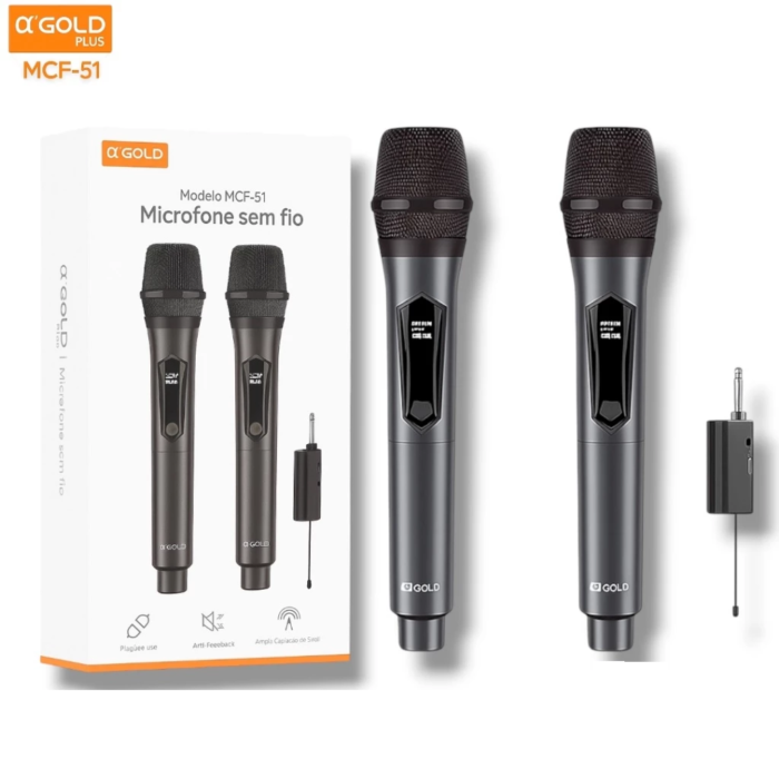 Kit 2 Microfone Dinâmico Duplo α’GOLD Plus MCF-51 com Receptor P10 Sem Fio Recarregável Profissional Karaokê/Palestra