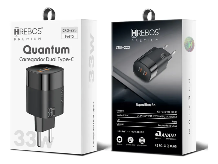 FONTE HREBOS PREMIUM QUANTUM CARREGADOR DUAL TYPE C 33W
